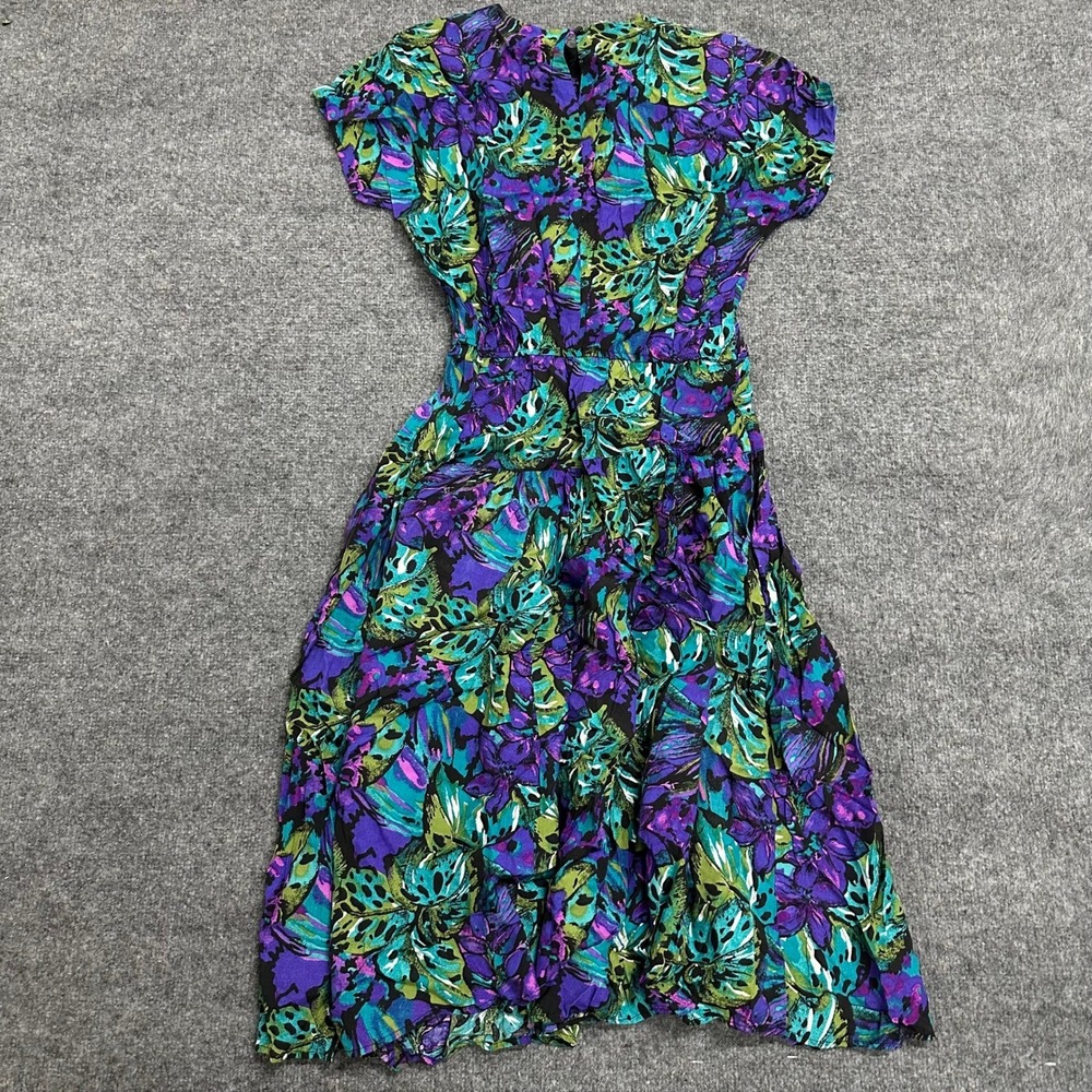 Luci Fellini Dress Womens Size 14 Purple Floral Tropical Short Sleeve USA Made